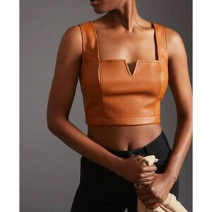 Maeve Anthropologie Faux Leather Crop Top Cognac Brown V-Notch Tank Size 8 NEW